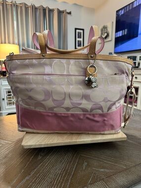 Coach Pink and Tan Signature Canvas Tote/ Diaper bag with Charm